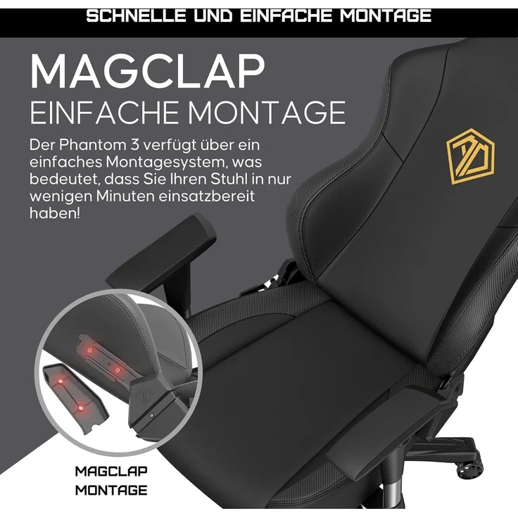 Anda Seat Phantom 3 Gaming Stuhl für Erwachsene – Ergonomisch PC Stuhl mit verstellbaren 2D Armlehnen, PVC-Leder, Kopfstütze & Lendenkissen, Bequemer Design, Belastbarkeit bis 90 kg, Schwarz – Bild 5