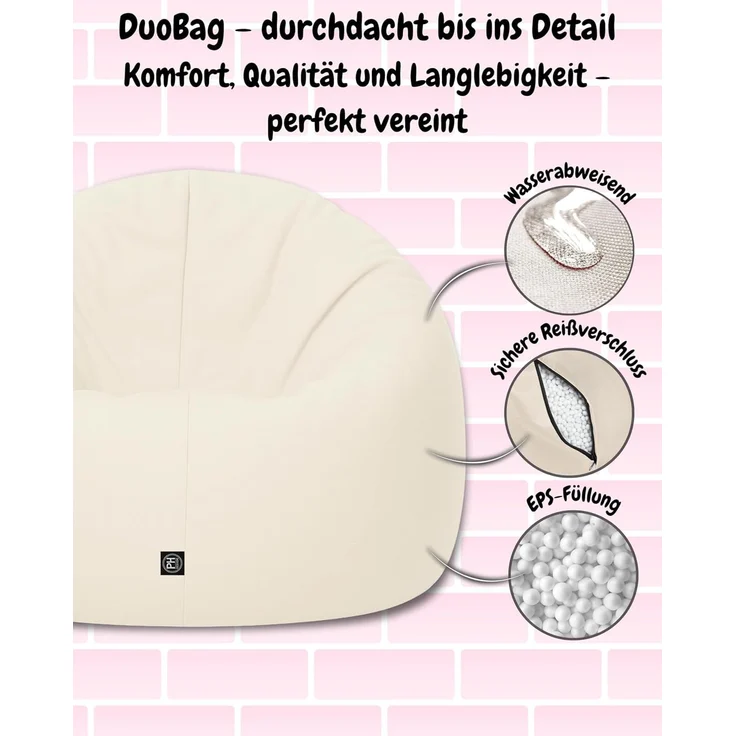 PATCH HOME 2-in-1 Sitzsack Sessel - Gaming Bean Bag mit Reißverschluss - Bereits befüllt, Ergonomisch & Robust für Kinder & Erwachsene - Indoor & Outdoor, Wetterfest (Creme, 155cm) – Bild 5