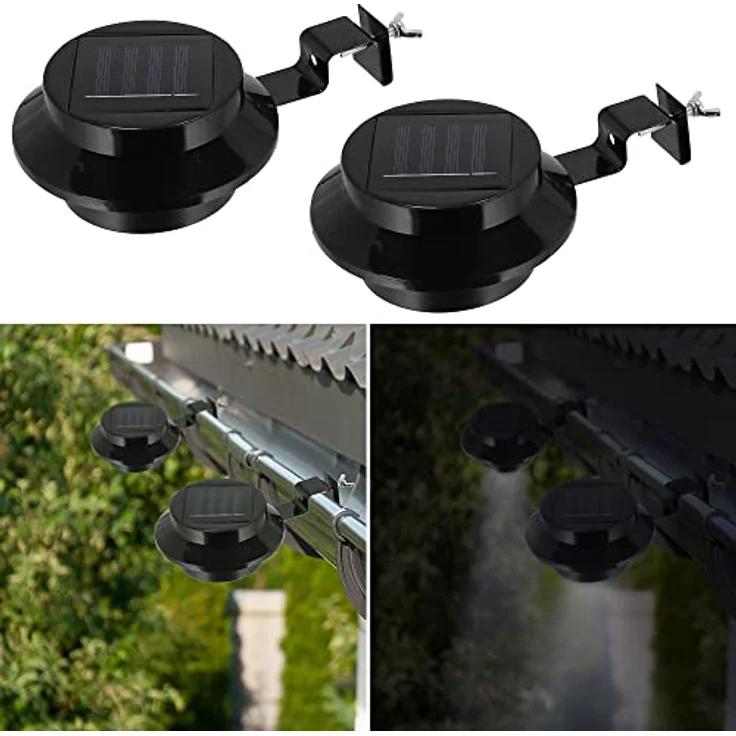 Cepewa Solar Dachrinnenleuchte, 2er Set LED Lampe aus Kunststoff und Eisen, 12x6x12cm, Outdoorbeleuchtung mit Solarpanel für bis zu 8 Stunden Licht – Bild 1