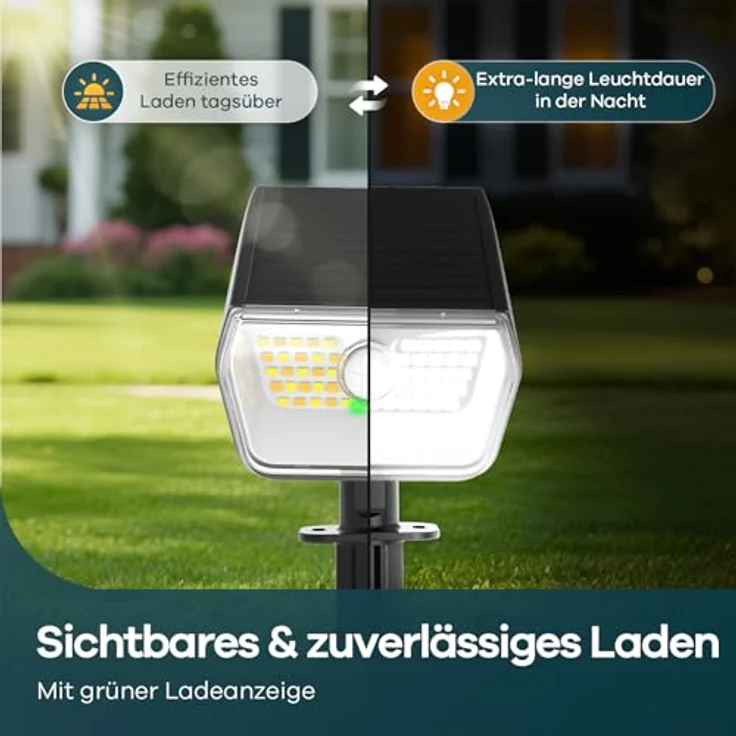 Linkind solarlampen 2 in 1 Solar Strahler Außen mit Bewegungsmelder 3000K & 6500K, 60-LEDs Außen Gartenstrahler mit Dauerlicht und Lade-anzeige, IP67 Wasserdicht Solar Wegelampen 8M/120°, 3 Stück – Bild 6