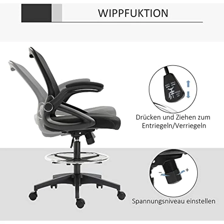 Vinsetto Drehstuhl Mesh, Schwarz, ergonomisch, höhenverstellbar, mit hochklappbaren Armlehnen, 60x126x64 cm – Bild 6
