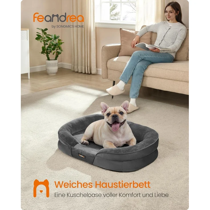 Feandrea Hundebett, Hundekissen, für mittelgroße Hunde, 76 x 51 x 18 cm, orthopädisch, wasserdichte Innenschicht, erhöhte Ränder, Abnehmbarer, waschbarer Bezug, rutschfest, schiefergrau PGW281GN01 – Bild 2