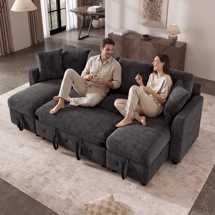 ZUBALIYA Schlafsofa 61x107 cm, mit USB - Anschluss, mit Stauraum, mit Ausziehbett, mit Chenille - Bezug, mit breiten Armlehnen, Grau – Bild 3