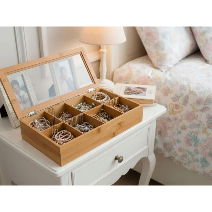 LS-LebenStil Teebox Holz Aufbewahrungsbox Teebox 8 Fächer mit Deckel Teekiste Schmuckkiste, Bambus, (Nachhaltiger Organizer - durchsichtiger Glasdeckel, 1-tlg, Holzkiste Schmuckkiste Schmuckkasten Schmuckkästchen), Aufbewahrung für Teebeutel, Tee, Schmuck – Bild 9