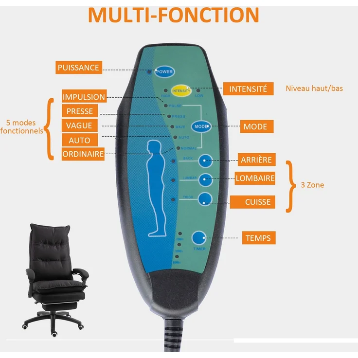 MELAYR, Bürostuhl mit Massagefunktion, Ergonomischer Stuhl mit verstellbarer Höhe, 76 x 38 x 64 cm, Schwarz – Bild 6