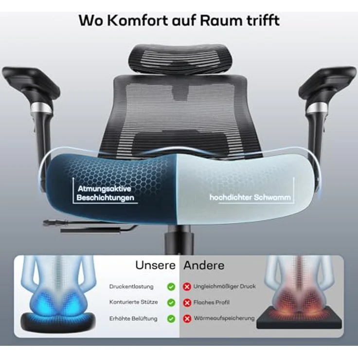 Marsail Bürostuhl mit 6D-Armlehnen, 3D-verstellbarer Kopfstütze, Schiebesitz, Lendenwirbelstütze, 4-Position-Neigungsschloss – hoher und großer Schreibtischstuhl mit Kapazität von 150kg, Schwarz, 4PCS – Bild 6