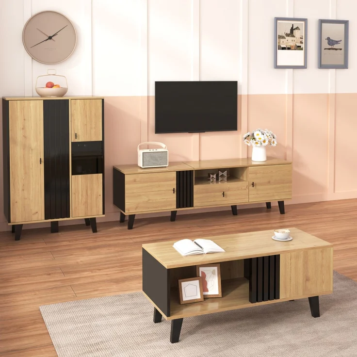 DESVIAE Sideboard-Set 3-tlg. mit LED-Beleuchtung 80x120x40 cm aus Spanplatte und Glas Holz/Schwarz – Bild 1