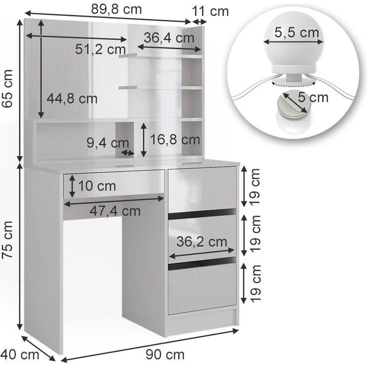 Schminktisch Sherry Weiß 90 cm mit LED Beleuchtung, und Spiegelregal Vicco – Bild 3