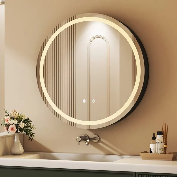 WDWRITTI Spiegelschrank Badezimmer mit Beleuchtung 80 Badezimmerspiegelschrank mit LED (Wandschrank Badezimmer Rund 80x80cm, 3Lichtfarben, Dimmbar, Anti-fog, Speicherfunktion) Schrank Metall, Stahlblechregale, mit Netzadapter, IP44