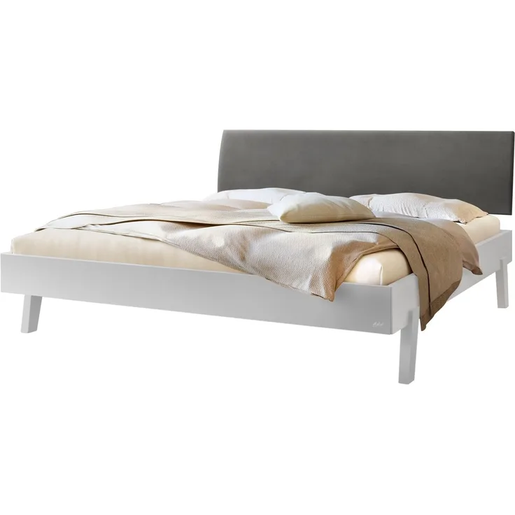 Hasena Polsterbett Lorenzo Weiß mit Monet-Bezug Grau 200x200 cm, Fußhöhe 20 cm MDF weiss deckend – Trento