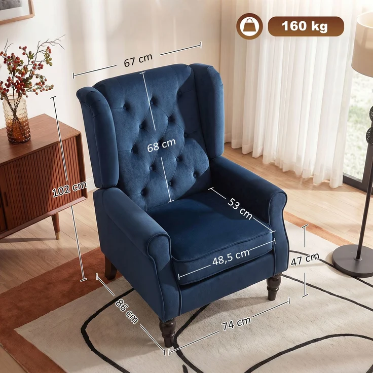Wohnora-Gepolsterter Loungesessel mit breiter Sitzfläche, Holzbeinen, klassischem Stil, sehr bequem, 74 x 86 x 102 cm, dunkelblau,H 102cm x T 74cm x B 86cm,Blau – Bild 4