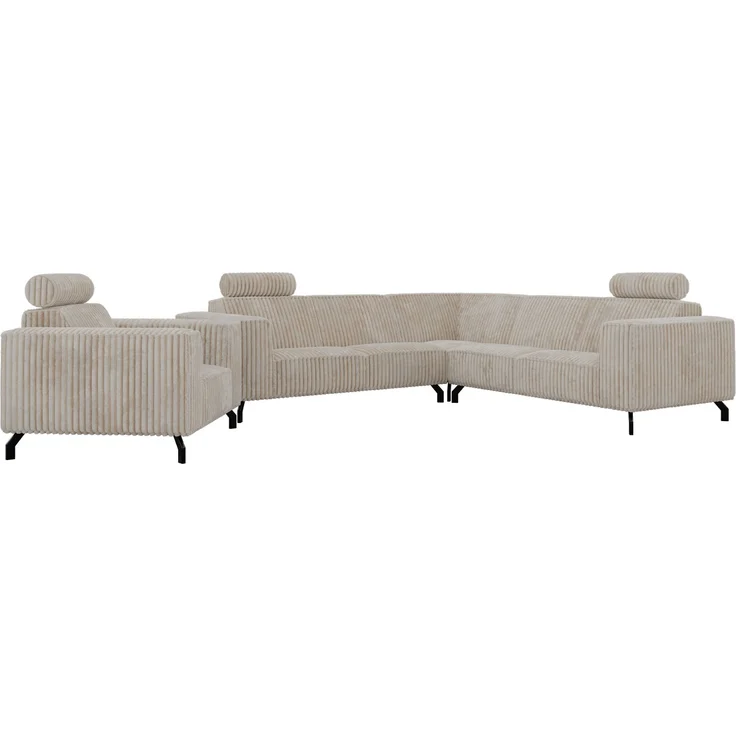 Möbelset 2-teilig, Ecksofa mit Sessel VESANO, Wohnlandschaft, Ecksofa L-Form mit Sessel, HR-Schaum & Wellenfederung, Set mit verstellbaren Kopfstützen - Beige Cord – Bild 8