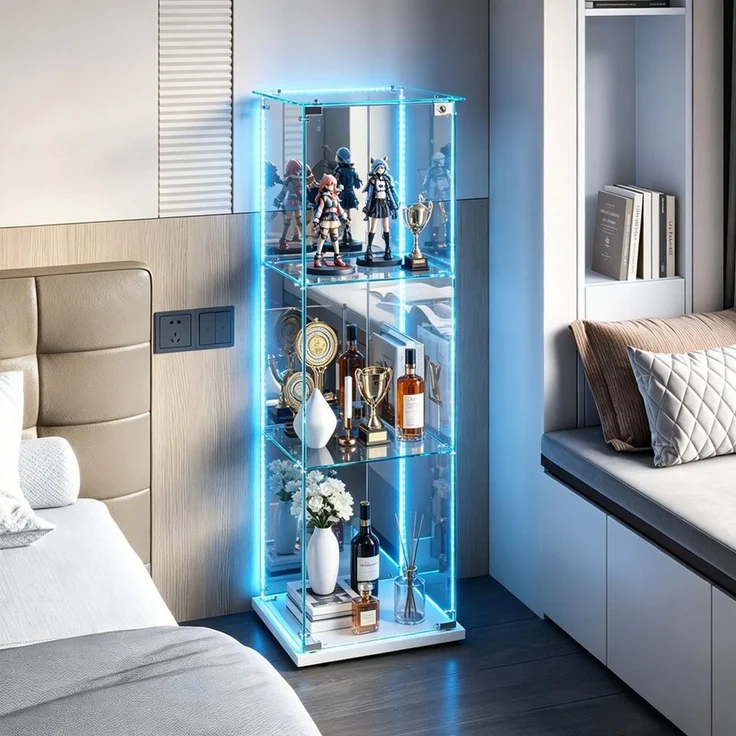 Simurq Glasvitrine Standvitrinen mit LED Beleuchtung, 3 Lagen Vitrinenschrank mit Glastür (1-St, Glas Vitrine mit 1 Glastür und 3 Lagen, Glasschrank mit Schloss) Sammlervitrine für Sammlerstücke, Modernes rahmenloses Design – Bild 1