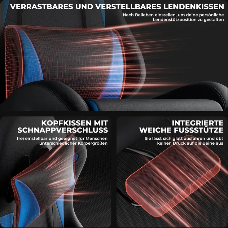 Faumrta Gaming Stuhl Ergonomisch Gaming Chair mit Lendenkissen und Kopfstütze, Gamer Stuhl H?henverstellbar, Pc Stuhl für Erwachsene M?dchen Junge,SchwarzblauPVC58.5cm*63cm*120.5cmBlack+Blue – Bild 6