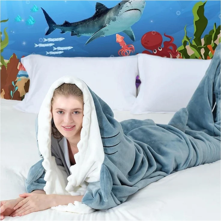 Wohndecke Hai Decke Mit Ärmeln, Superweichem Flanell Decken Hoodie Hai Overall, TUWENA, Deckenkapuzenpullover, Schlafsack Tragbare Decke für Erwachsene Kinder – Bild 2