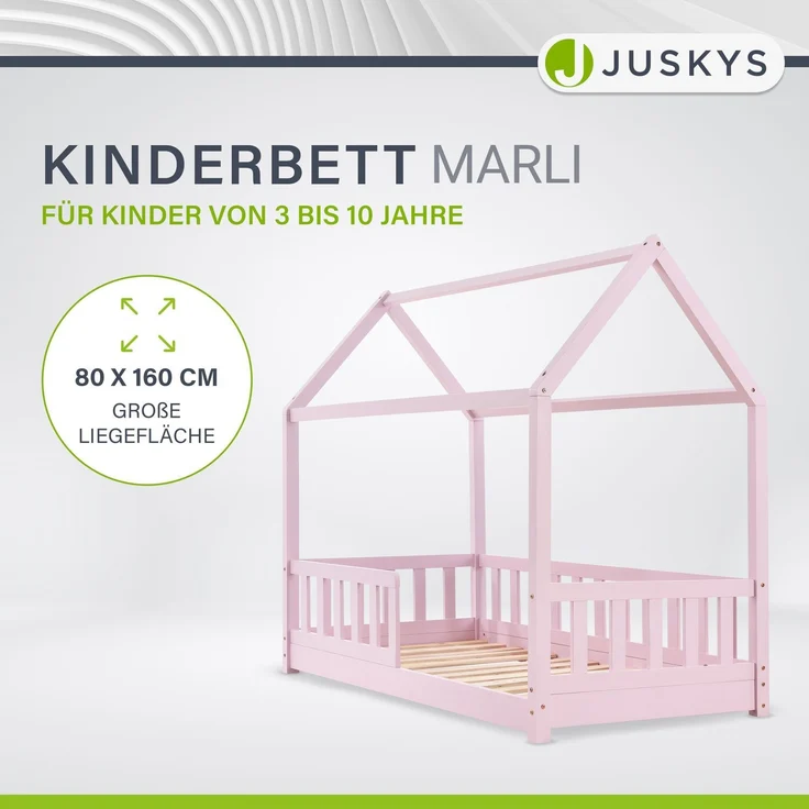 Juskys 'Marli' Hausbett 80x160 cm, rosa, Kiefer massiv, mit Rausfallschutz und Lattenrost – Bild 2