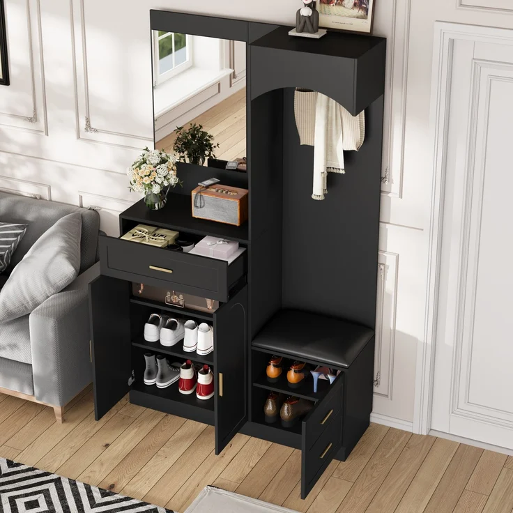 Moderne, Kompaktgarderoben,Garderobenschrank und Schuhschrankkombination, Eingangsschrank, multifunktionales Lagerregal mit Spiegel--Schwarz--110x33x185.5cm--YOUDENOVA – Bild 7