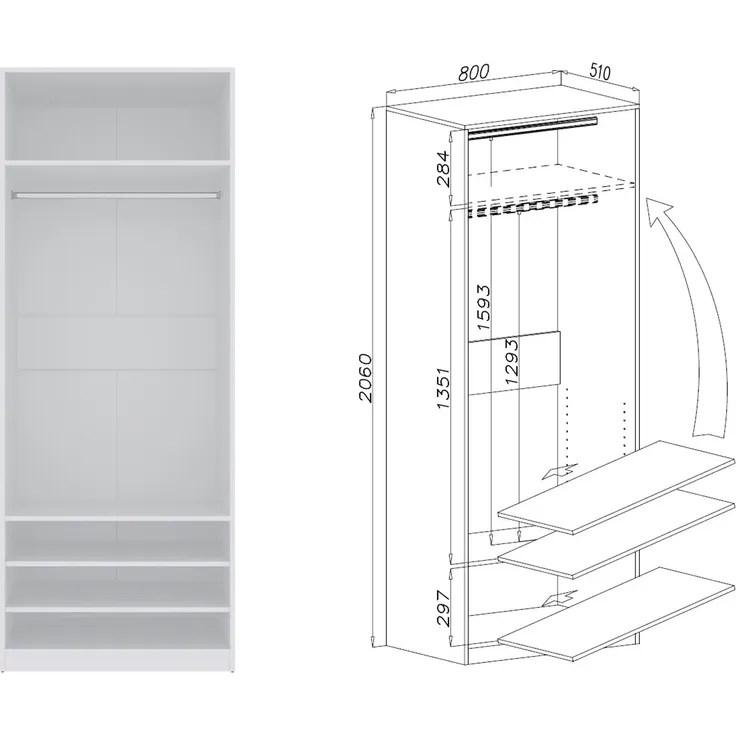 Marmex Möbel Tres Set-B/N (B) großer Schrank ohne Türen, Kleiderschrank mit Regalen und Kleiderstangen, Einbauschrank mit Aufsatz, laminierte Spanplatte, weiß 320x246x51 cm – Bild 7