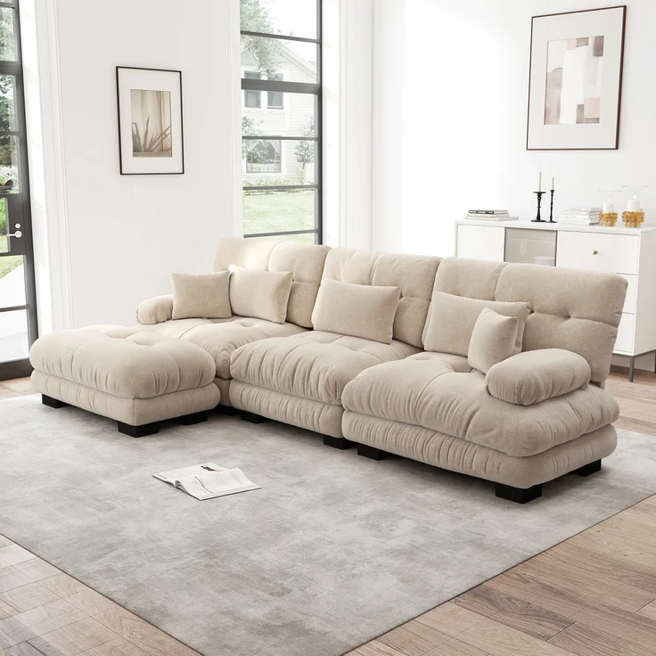 Modulares Sofa aus Chenille 313x145x81 cm mit runden Armlehnen und Ottomane, beige – Bild 2