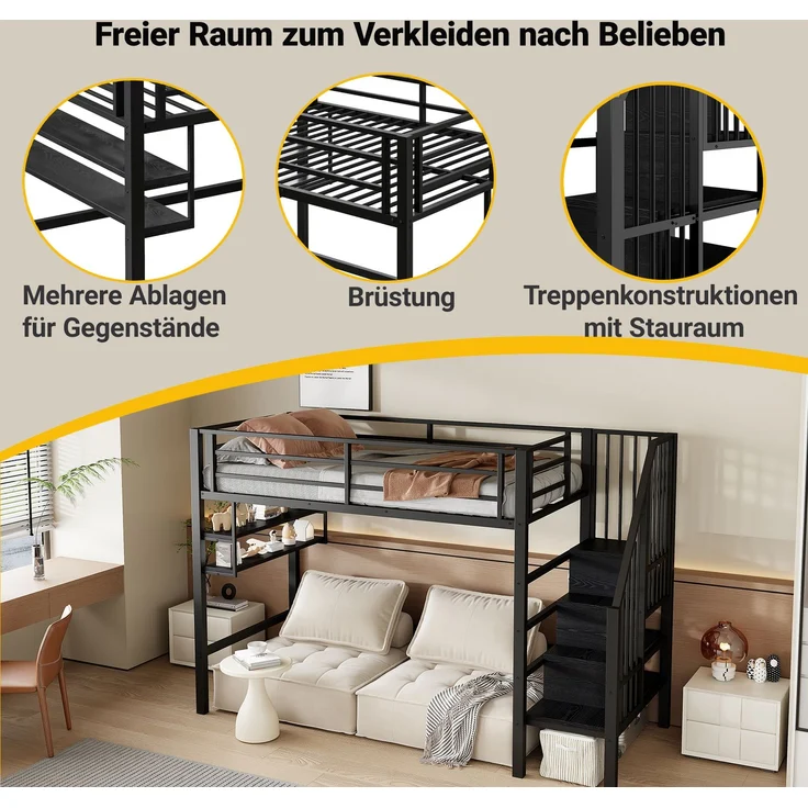 Bett 90x200 cm Hochbett mit Stauraumleiter und Einlegeböden – platzsparendes Kinderhochbett in Schwarz – Bild 5