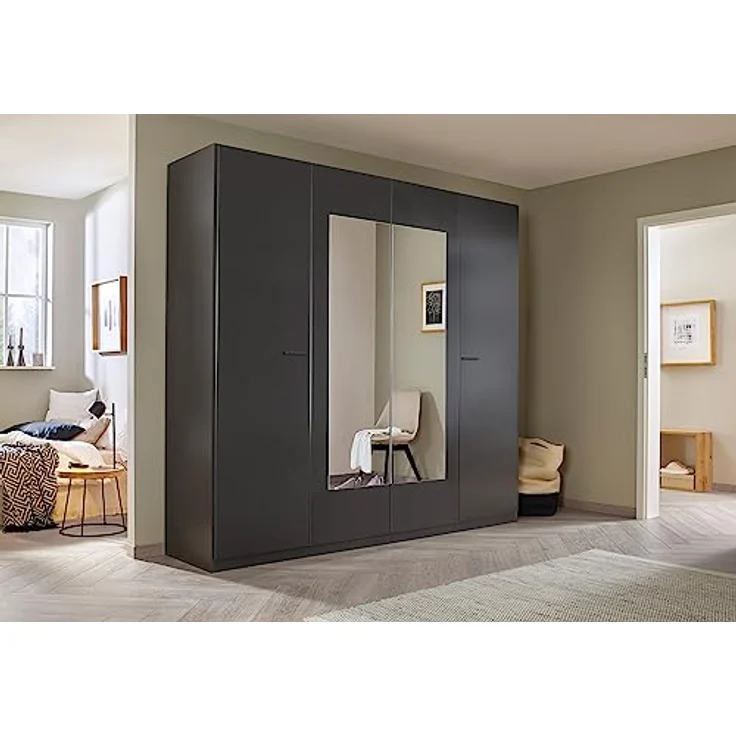 Rauch Möbel Florenz Schlafzimmer, Grau metallic, Schwarz, bestehend aus Bett mit Liegefläche 180x200 cm inklusive 2 Nachttische und Drehtürenschrank mit Spiegel BxHxT 226 x 210 x 54 cm – Bild 4