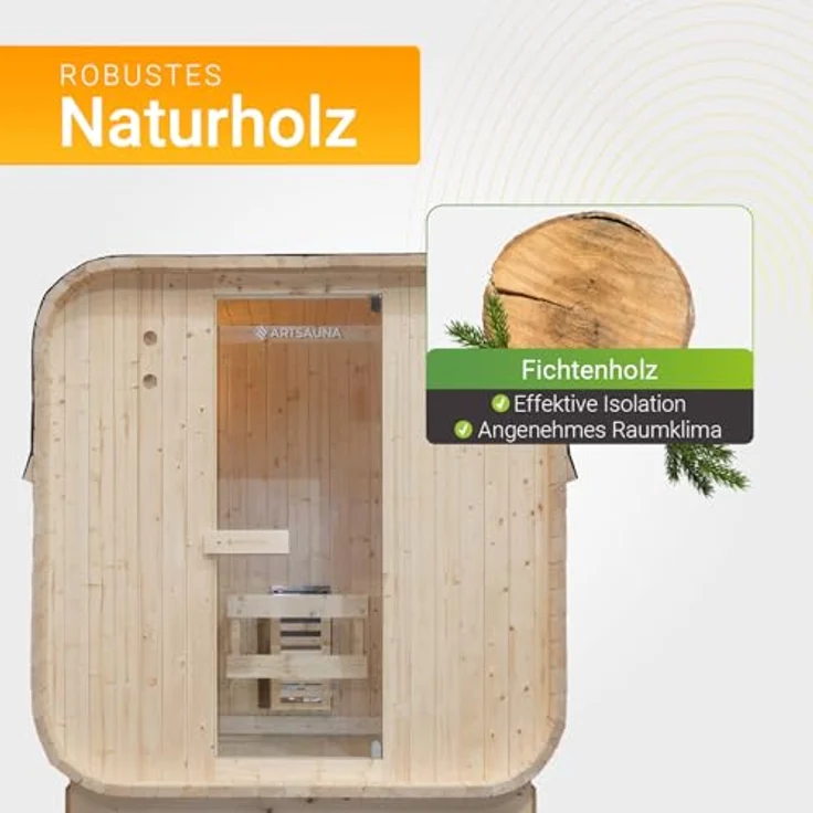 Artsauna Fasssauna Nolvik M, Outdoor-Sauna aus Fichtenholz, 3,6 kW Ofen, LED, Komplettset mit Sanduhr, Eimer & Thermometer, winterfest, Cube Design – Bild 4