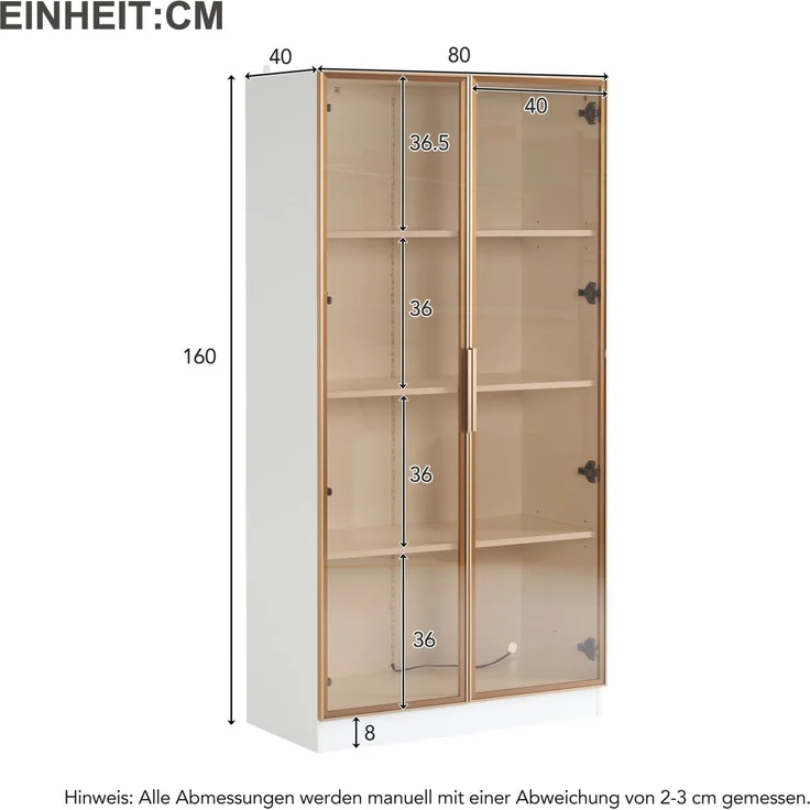 DESVIAE Vitrine 2er-Set mit LED-Beleuchtung, 160x160x40 cm, Spanplatte, Weiß mit braunem Glas – Bild 10