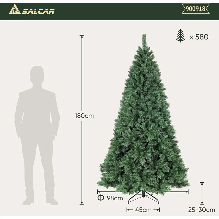SALCAR 180 cm Künstlicher Weihnachtsbaum, Nordmanntanne, PVC Tannenbaum mit 580 grünen Spitzen, Klapp-Schirmsystem, Ø 98 cm – Bild 2