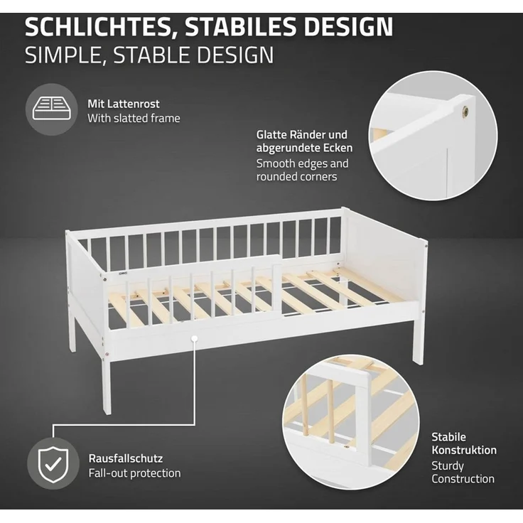 ML-DESIGN Kinderbett Bodenbett Juniorbett inkl. Lattenrost Einzelbett für Kinder Jugendbett, Junior-Bett mit Rausfallschutz & Matratze Bettrahmen aus MDF / Kiefer – Bild 3