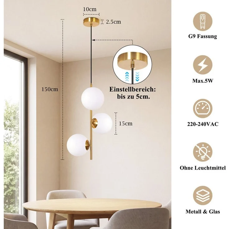 Nettlife Pendelleuchte 1/2/3flammig G9 Glas Kugel gold modern Hängeleuchte Esstisch, ohne Leuchtmittel, für Esszimmer Wohnzimmer Küche Schlafzimmer – Bild 3