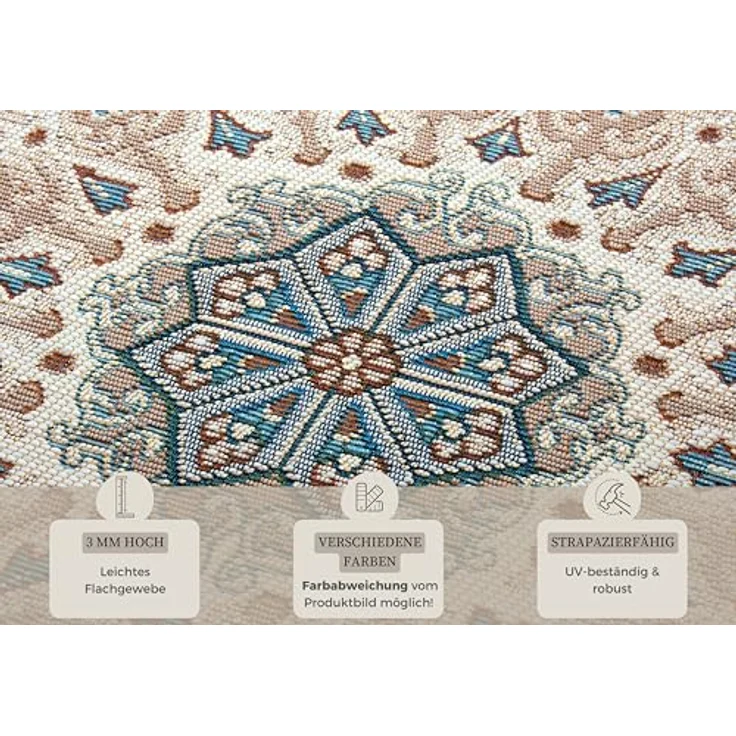 Hanse Home Kadi In- & Outdoor Teppich Orientalisch – Orient Flachgewebe, Orientalisches Design Klassisch, ÖKO-TEX Wetterfest & UV-beständig für Balkon, Terrasse, Garten – Grau Creme, 80x165 cm – Bild 4