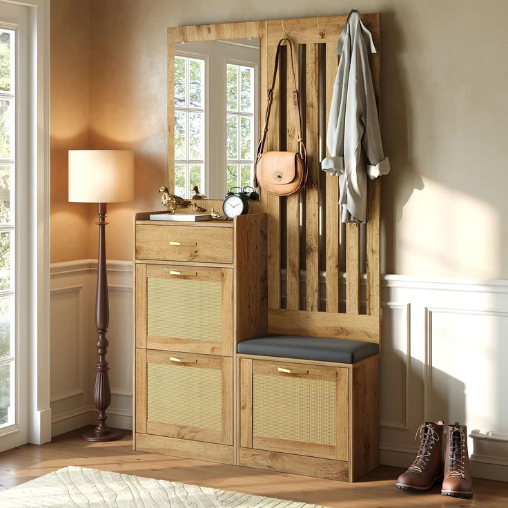 Faumrta Kompaktgarderobe mit Spiegel und Sitzbank,Flurgarderobe mit Schuhschrank und Haken, Kleiderhaken,Flurmöbel Set,Flurgarderobe. 99.5CM*26CM*180CMNaturalMDF (Medium-Density-Faserplatte) – Bild 8
