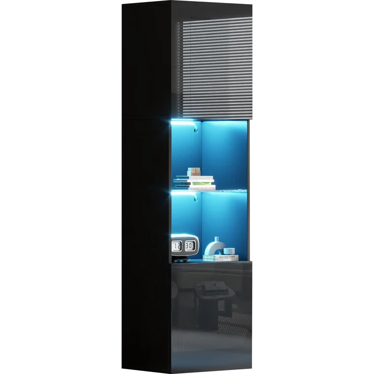 ZUBALIYA Vitrine (45 x 35 x 160 cm), LED - Beleuchtung, Hochglanzoptik, Aufbewahrung für Sammlerstücke, Geschirr und Dekoration, Schwarz – Bild 14