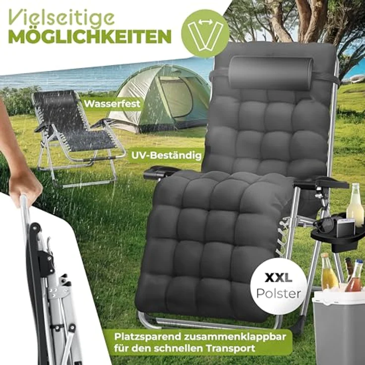 KESSER® Sonnenliege Liegestuhl Klappbar & Wetterfest, Gartenstuhl Belastbar 200kg Ergonomisches Polster Extra Breit Verstellbare Rückenlehne Gartenliege inkl. Nackenkissen & Getränkehalter, Anthrazit – Bild 8