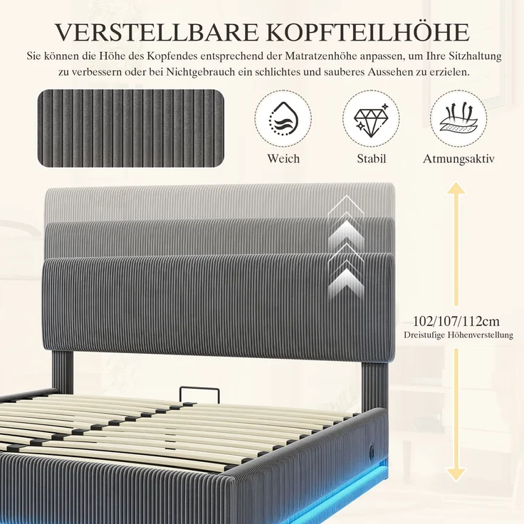 Polsterbett Cord mit LED & USB-Anschluss, 141x207x102-112 cm, Dunkelgrau, ohne Matratze – Bild 7