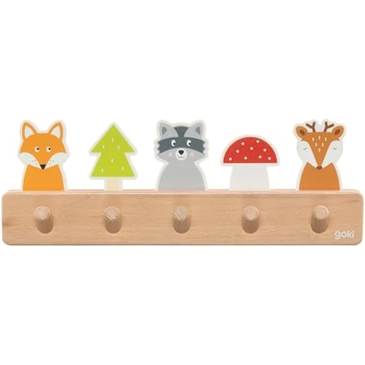 goki 60662 - Garderobe Waldfreunde aus Holz, Kindergarderobe mit 5 Haken, Niedliche Waldmotive Fuchs, Waschbär, Reh, Hakenleiste für Kinderzimmer, Fördert Ordnung und Selbstständigkeit, ab 1 Jahr – Bild 2