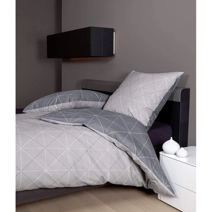 soma Bettwäsche Bettbezug 135x200 80x80 geometirisch gestreift grau bieber warm, Biber, 2 teilig, Warme Biber Flanell Bettwäsche 135x200 Herbst Winter kuschelig weich – Bild 1