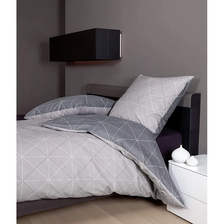 soma Bettwäsche Bettbezug 135x200 80x80 geometirisch gestreift grau bieber warm, Biber, 2 teilig, Warme Biber Flanell Bettwäsche 135x200 Herbst Winter kuschelig weich