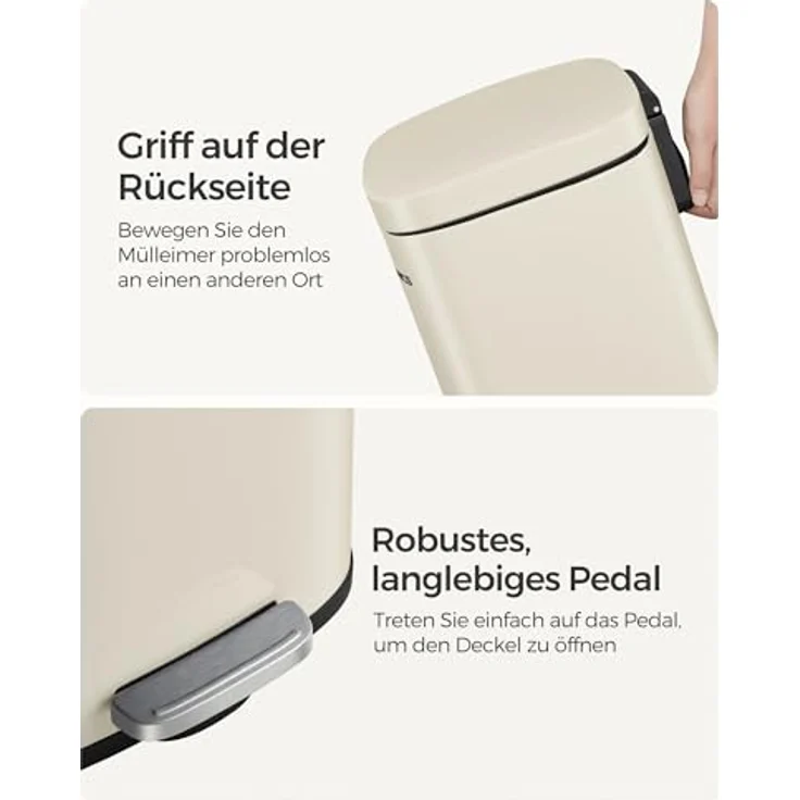 Songmics Mülleimer, geruchsdicht, Edelstahl, 30 Liter, Sandbeige – Bild 8