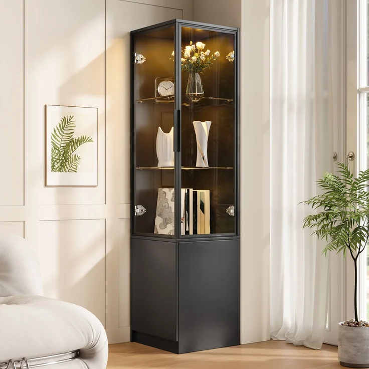 Flieks Eckschrank 40 x 40 x 160 cm, Vitrine mit gehärteten Glastüren, Aluminiumrahmen, LED-App-Steuerung, Schwarz – Bild 2