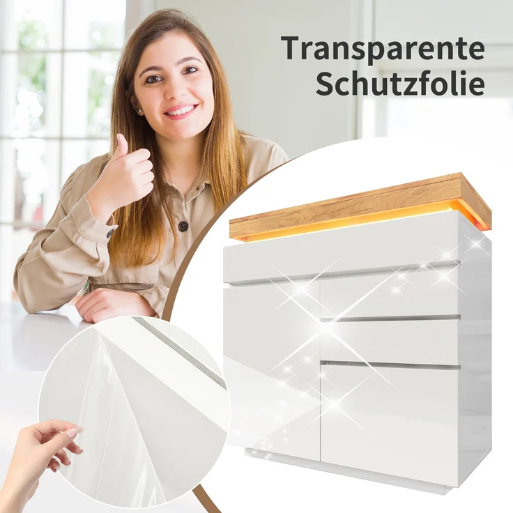 Sideboard Hochglanz mit LED (App/Touch), 2 Türen & 3 Schubladen, 110x39x115 cm, Weiß – Bild 8