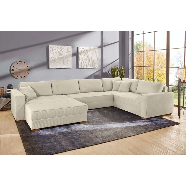 Wohnlandschaft U-Form Sofa Schlaffunktion Couch Bettkasten Cord in Grau Beige – Bild 2