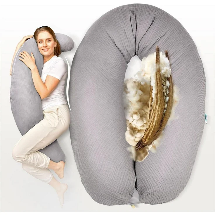 SEI Design Stillkissen Kapok-Füllung XXL 190x35 cm, Musselinbezug Bio-Baumwolle, ergonomisch, Schwangerschaftskissen mit Bezug, Seitenschläferkissen mit Kapok-Füllung, 100% Naturkissen, Musselin-Bezug aus Bio-Baumwolle – Bild 2