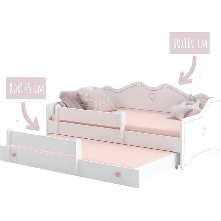 Kids Collective Kinderbett Mädchenbett 80x160 mit Ausziehbett & zwei Matratzen Kinderbett, Jugendbett Funktionsbett mit Rausfallschutz, Prinzessin weiß rosa – Bild 3