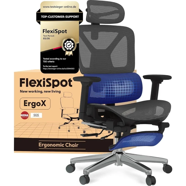 FLEXISPOT Ergonomischer Bürostuhl Schreibtischstuhl mit Fußstütze, 3D-Armlehnen, 3D-Kopfstütze, 5D-Rückenlehne, Atmungsaktiver Sitz Belastbar bis 136 kg Arbeitsstuhl, ErgoX, Dunkelgrau