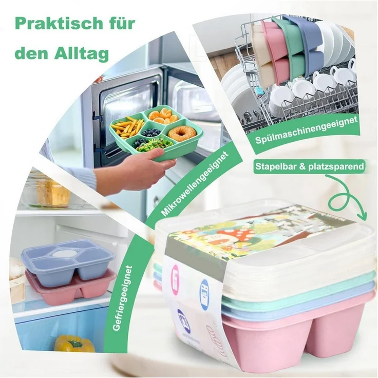 Agger Lunchbox 4er Set Snackboxen mit 5 Fächern – Auslaufsichere Bento Lunchboxen, (4-tlg), mit transparentem Deckel, für Erwachsene & Kinder – Bild 4