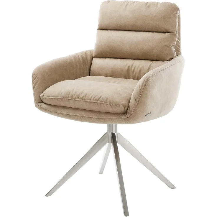 Drehstuhl Abelia-Flex mit Armlehnen Mikrofaser Beige Vintage Kreuzgestell breit Edelstahl 360° drehbar Wippfunktion