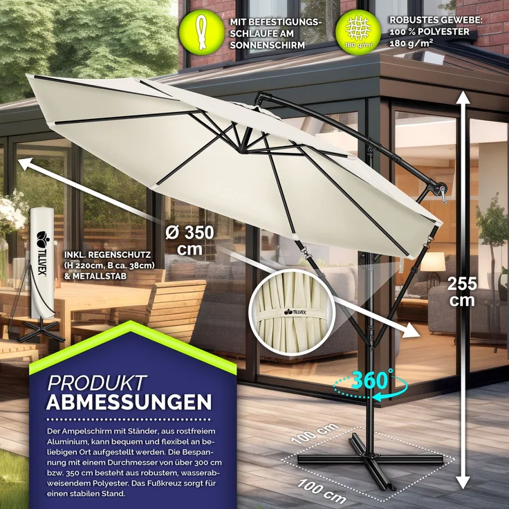 tillvex Sonnenschirm Beige Ø 350 cm Ampelschirm Gartenschirm Marktschirm Kurbel Balkon Alu Neigbar Beige - Ø350cm – Bild 5