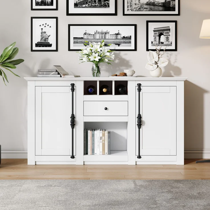Sideboard 130 cm Weiß mit 2 Türen, 1 Schublade, Weinregal, Kommode für Wohnzimmer, Anrichte mit Stauraum und Präsentationsfläche – Bild 4