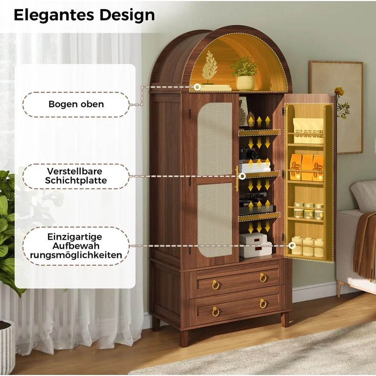 DESVIAE Sideboard Nussbaum aus MDF/Spanplatte – 76x179,5x40 cm – LED-Beleuchtung, 2 Schubladen – Bild 6